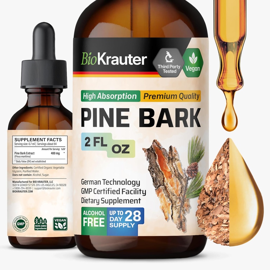 BIO KRAUTER Pine Bark ekstrakt - bogata z antioksidanti tekoči dodatek - 400 mg Francoski Maritime Pine Bark ekstrakt kapljice - Vegan, Alkohol in sladkor brez - 2 Fl Oz