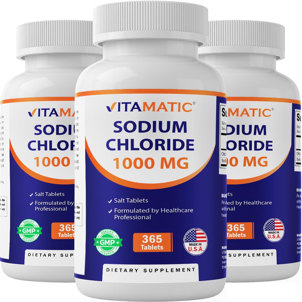 Vitamatski natrijev klorid 1000mg – 365 tablet Elektrolitski Replenisher in Hidracija Podpora – Ne-GMO, Gluten-free - 3 steklenice