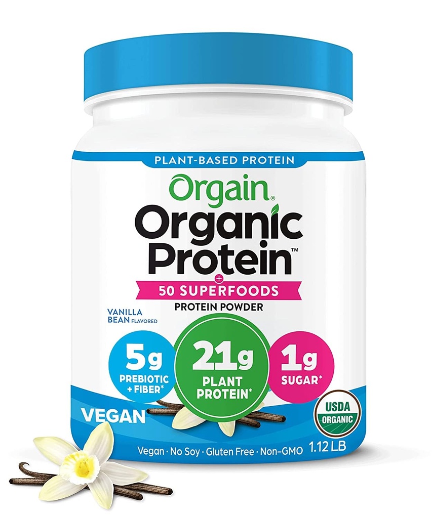 Orgain Organic Vegan Protein + 50 Superfoods Powder, Vanilla Bean - 21g Rastlinske beljakovine, 8g Prebiotične vlaknine, Brez laktoze Sestavine, Brez glutena, Brez dodanega sladkorja, 1,12 lb (Packageing May Vary)