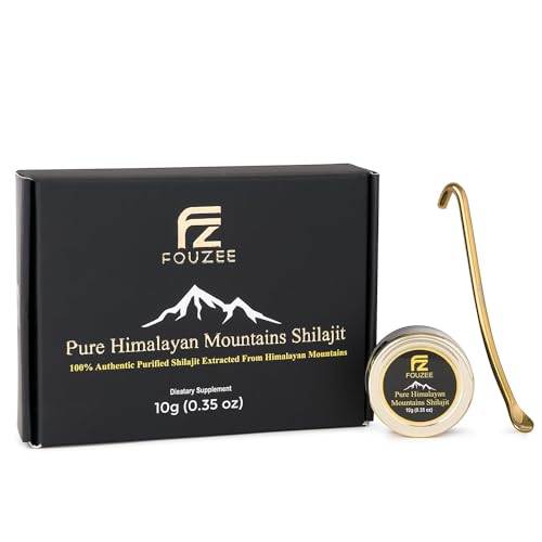 FOUZEE Pure Himalaaan Mountains Shilajit - 77% + Fulvic Acid avtentična trda doslednost, naravni vir fulvične kisline, več kot 85 Trace Minerals, vključuje Stainless Steel Spoon (10 Grams)