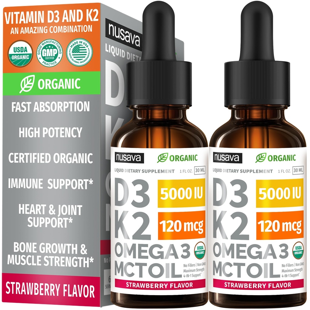 (2 pakiranji) Organski vitamin D3 K2 Kapljice 5000 i.e. z MCT oljem Omega 3 - Največja jakost Tekoča D3 brez polnil, Non-GMO za hitrejšo absorpcijo, Imunska podpora (Strawberry, 2 Fl Oz)