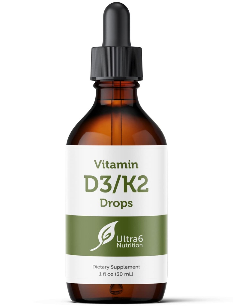 Ultra6 Nutrition Vitamin D in K2 Kapljice - Tekoči vitamin D3 s K2 dodatki za odrasle - Enostaven za jemanje, aroma brez, zelo absorbbilen VIT D3 in K2 dodatki, Made in USA (30 ml)