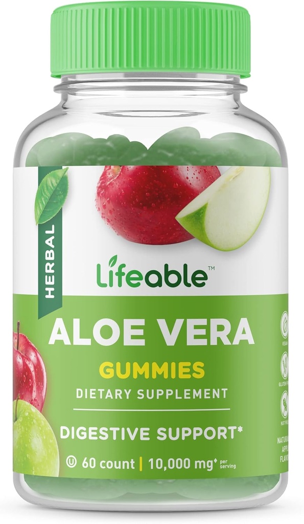 Življenjska Aloe Vera dodatek Gummies za odrasle - 10.000 mg - Veliki okusni naravni gummi - Gluten prost, Vegan, Ne-GMO žvečljivi - za odrasle, moške, ženske - 60 Gummies - 30 odmerkov