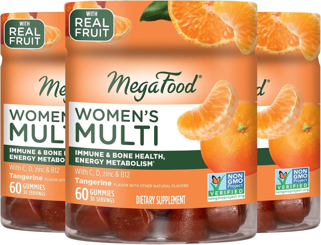 MegaFood Women's Multi - multivitamin za ženske- Gummy Vitamini- Vitamin C, Vitamin D, cink, Vitamin B12 & Holin-Imunska podpora in zdravje kosti- Vegetarian- Tangerine- 60 Gumies(30 Servings) 3 Pack