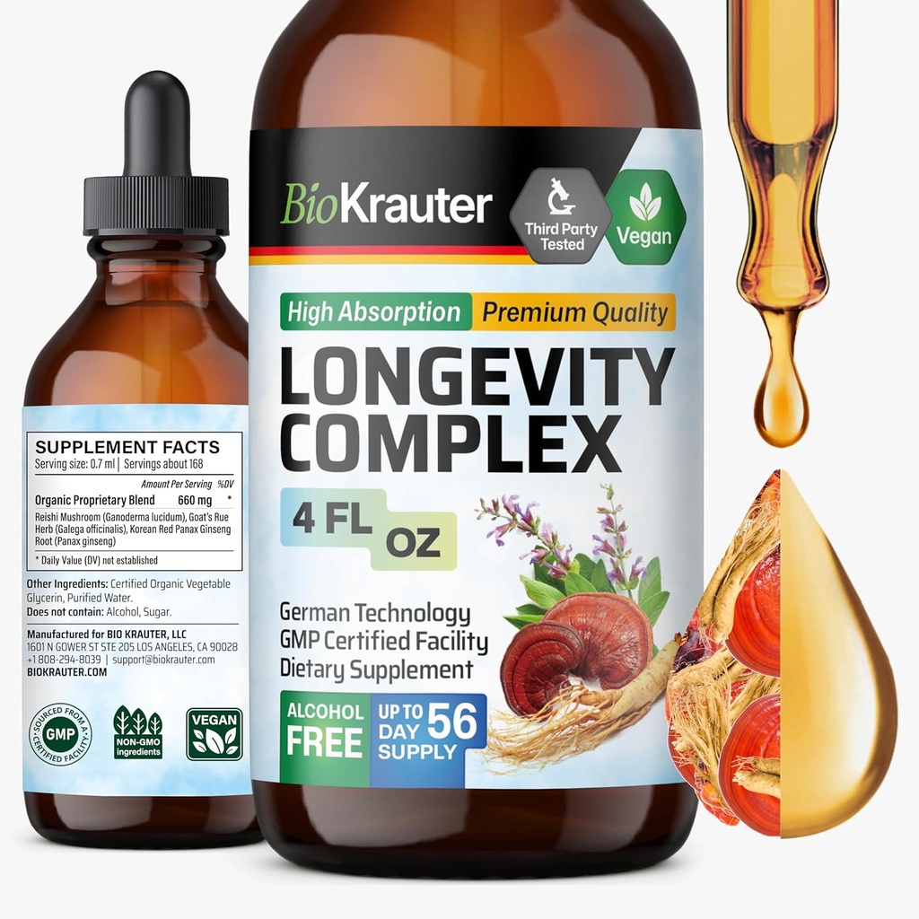 BIO KRAUTER Dolgoživost goba dodatek - Tekoči Reishi goba kompleks z Rue & Red Ginseng koren ekstrakt - Vegan Tinktura - Alkohol in sladkor brez kapljic 4 Fl.Oz.