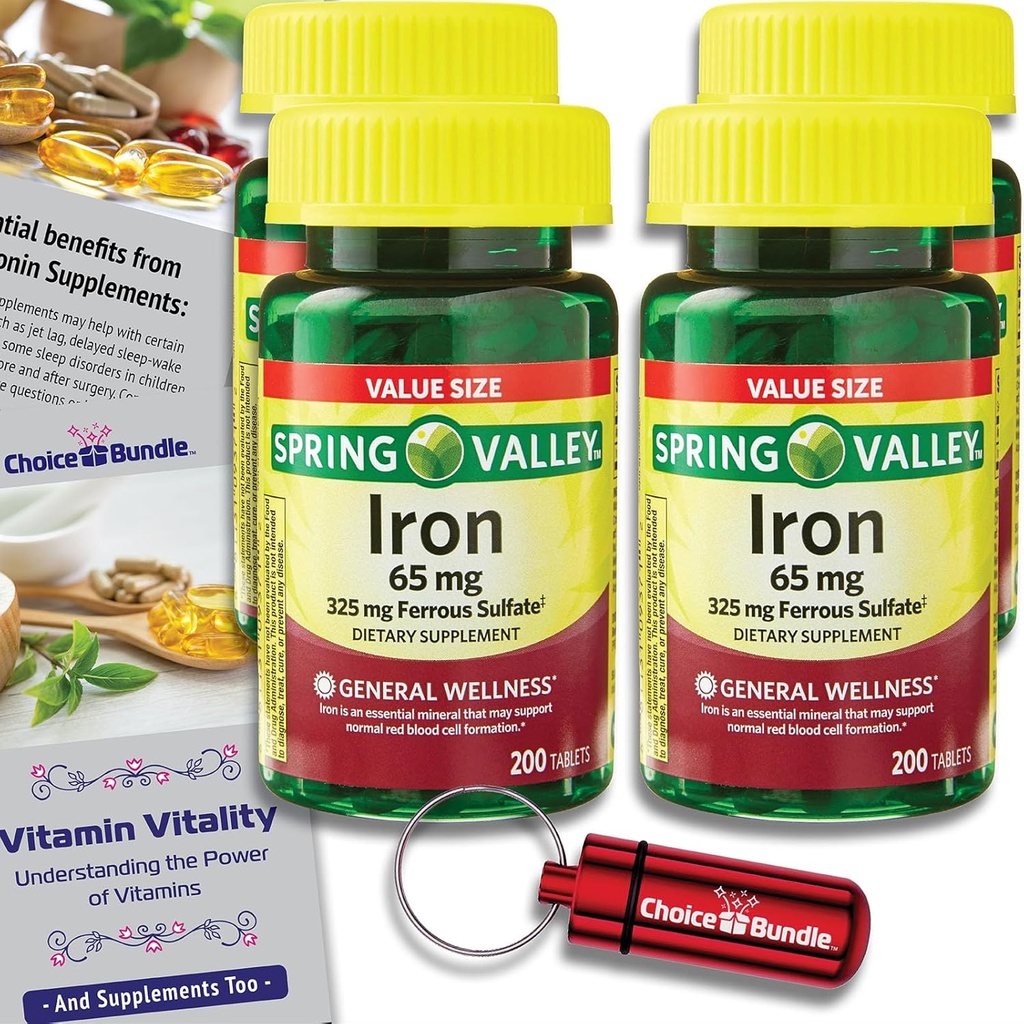 Spring Valley Železne tablete Dietna dopolnilna vrednost Velikost 65 mg 200 CT 4 Pk Izbirni paket (800 skupaj) + Vitamin Vitality Guide & Pill Container (6 izdelkov)!