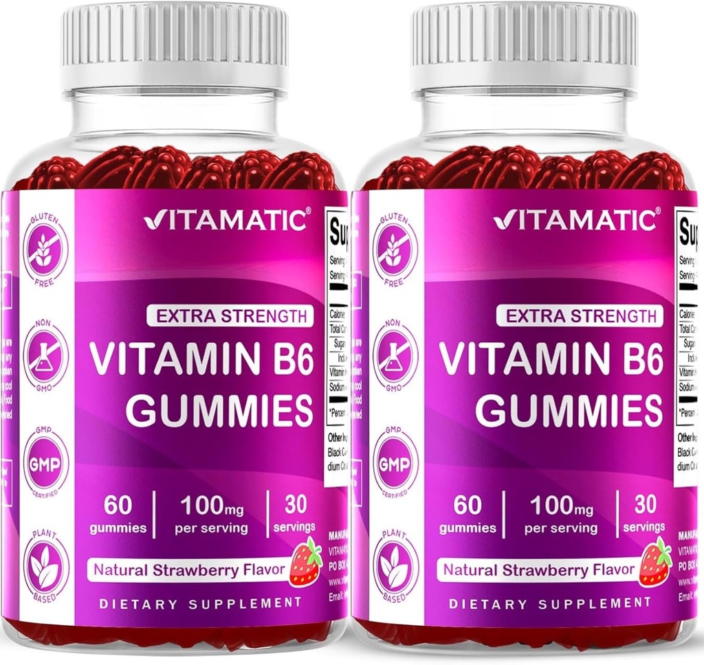 Vitamatski 2 paketi Vitamin B6 100mg Gumiji – naravna jagodna aroma – 60 na pektinu osnovanih gumijev na steklenico – Živčevje in energijska podpora