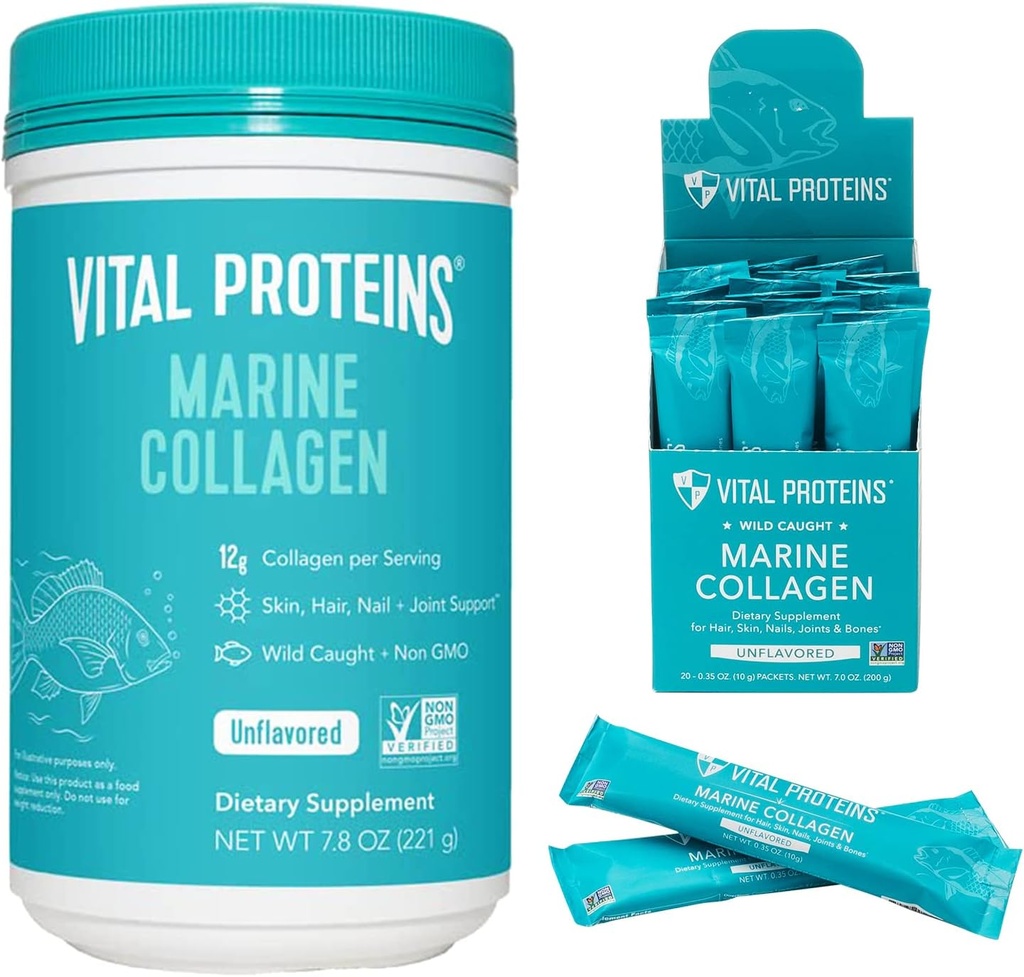 Vitalni proteini Marine Collagen Peptides Powder Supplement 7.8 oz Canister + Pakiranje (10 g) (Škatlica po 20)