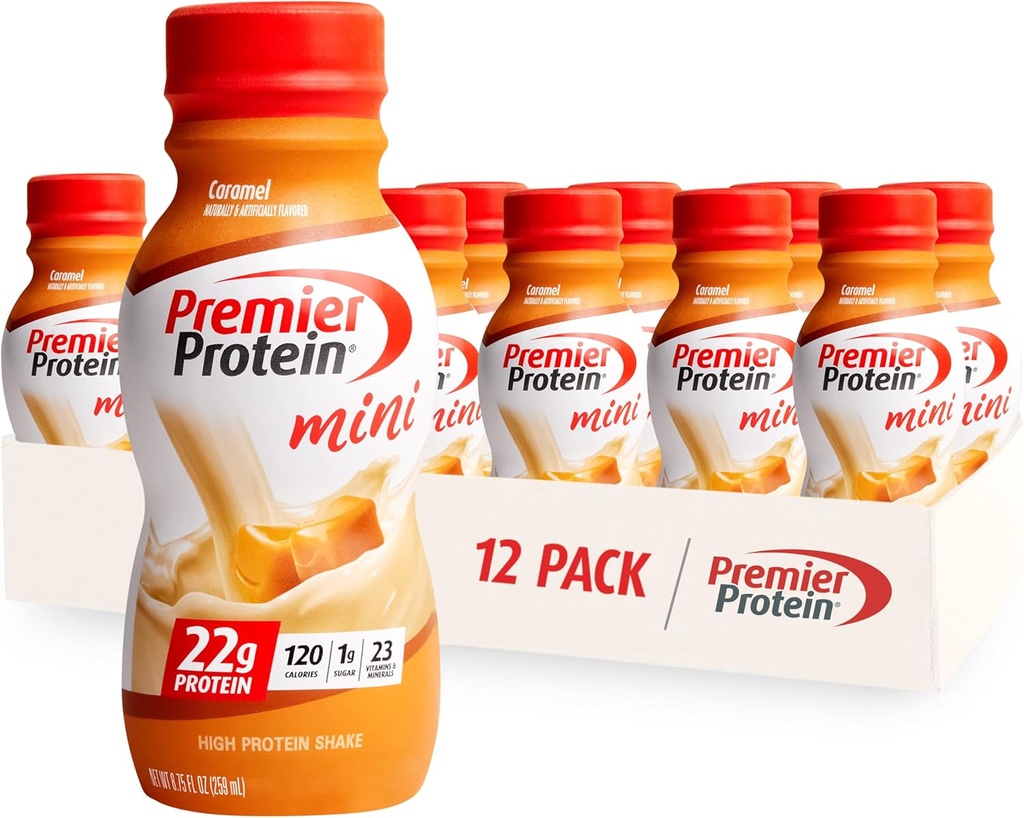 Premier Protein Shake MINI, karamela, 22g beljakovine, 120 kalorij, 1g sladkor, 8,75fl oz, pakiranje po 12
