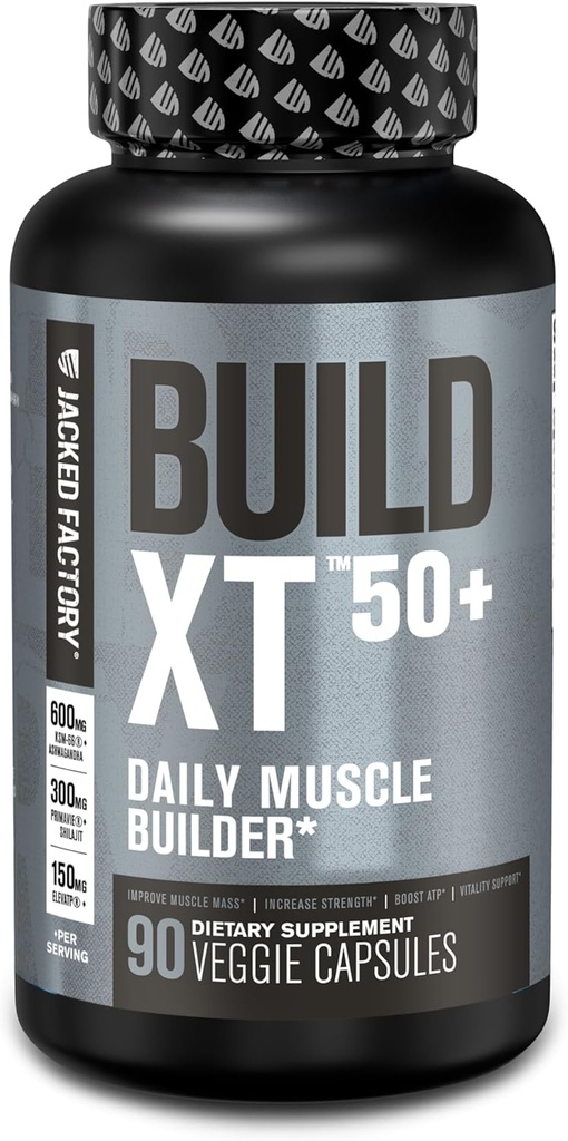 Jacked Factory Build-XT 50+ Daily Muscle Builder - Muscle Recovery Supplement & Muscle Builder za moške in ženske z KSM-66 Ashwagandha, Primavie Shilajit, ElevATP, & Astragin - 90 Count