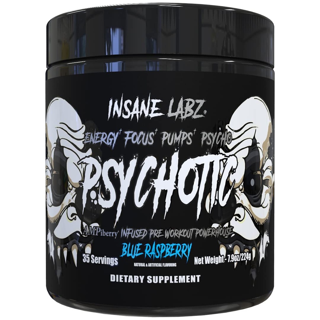 Insane Labz Psychotic Black Edition Mid Stimulant Pre Workout Powder, Energy Focus Črpalke, Naložena z Creatine Beta Alanine Taurine, ki jih AMPiberry, 35 Servings (Modra malina)