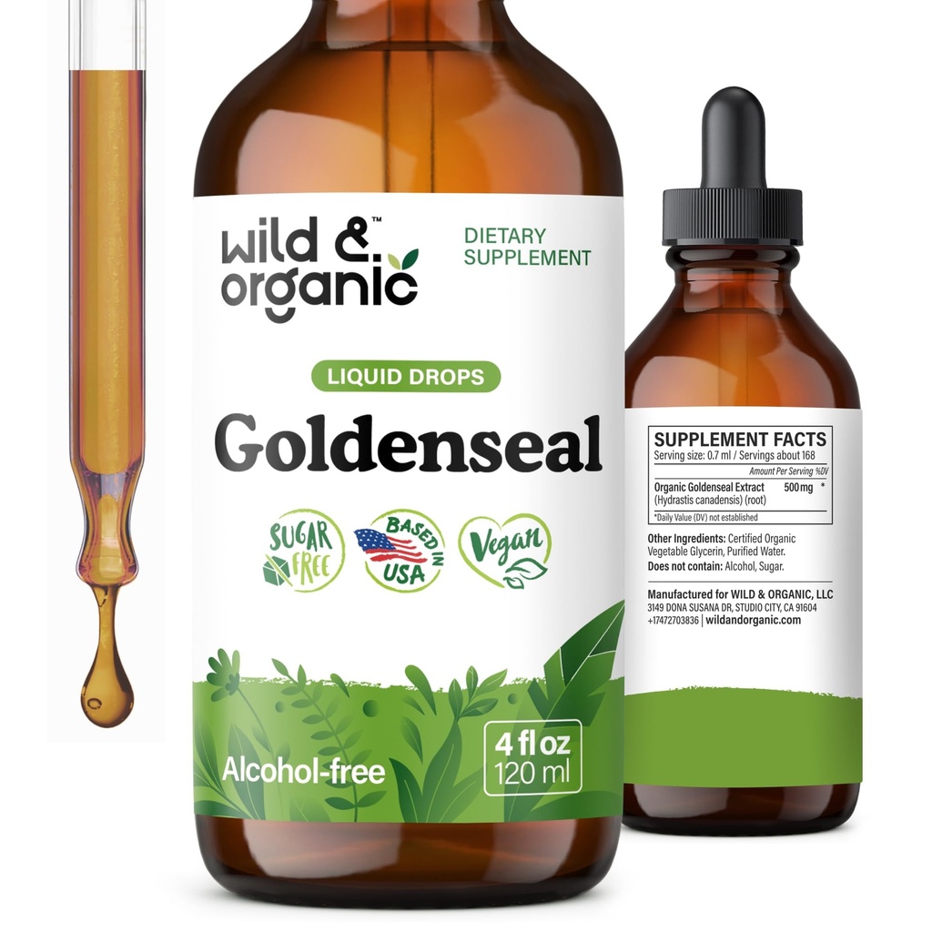 Wild & Organic Goldenseal Tinkture - Lung & Digestive Support - Goldenseal Root Extract tekoče kapljice - Vegan, Sugar & Alkohol-free Herb dodatek - 4 fl oz