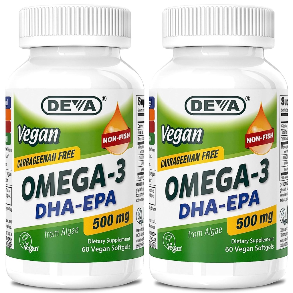 DEVA Vegan Omega-3 DHA-EPA 500MG 2-Pack – brez carragenan, neribje olje, pridobljeno iz alg, Non-GMO, 60 želatina-free softgels Ea