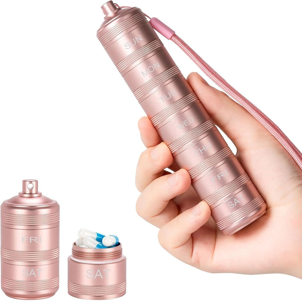 Prenosne kovinske tablete Medicina Organizator - Vodoodporne tablete Primer Kompaktne tablete Potovalne škatle Tedensko Aluminum Alloy Container, 7 Day Daily Pill Organizator Imetnik za majhne tablete, Pink S