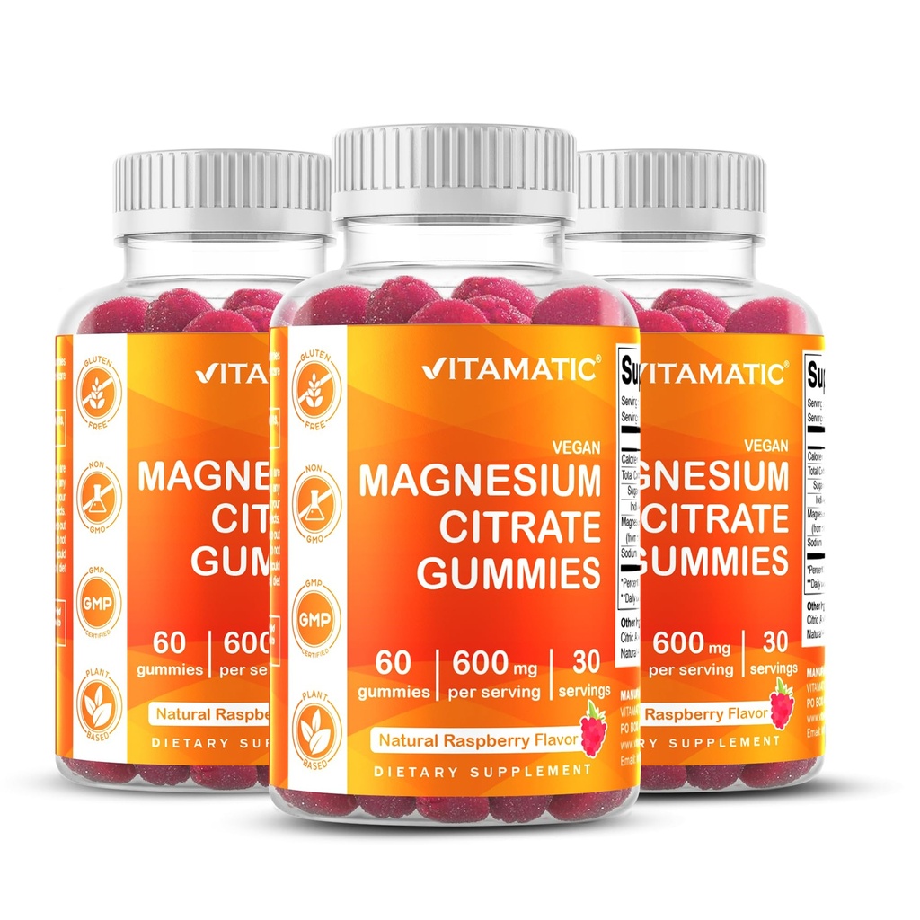Vitamatski Magnezij Gumies 600mg na serviranje – 60 Vegan Gumies – Sprostitev, Mišice, Kost in Energy Podpora – 3 Pack