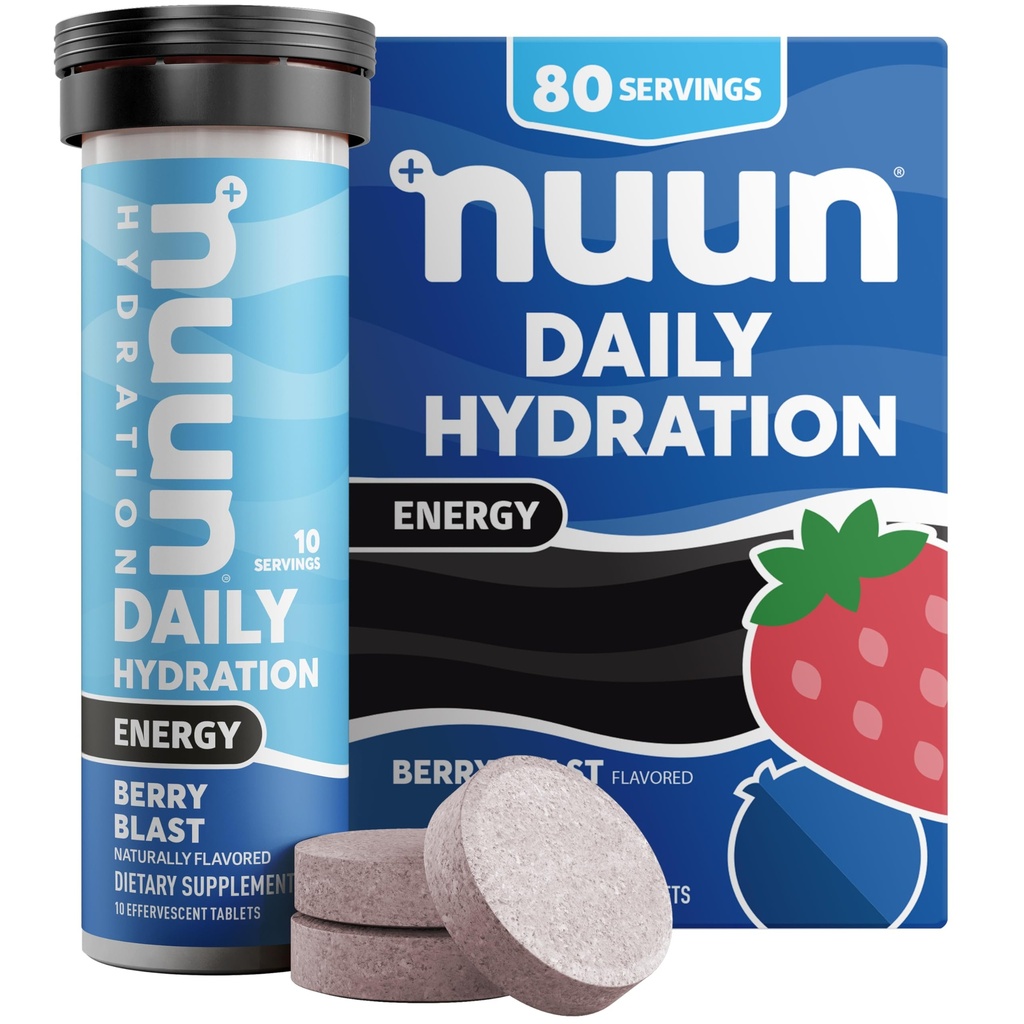 Nuun Energija Elektrolitske tablete z ginsengom, kofeinom iz ekstrakta zelenega čaja, vitaminom B12, B6, B5, magnezijem in 4 drugimi elektroliti, Gluten Free & Vegan, Berry Blast, 8 Pack (80 Servings skupaj)