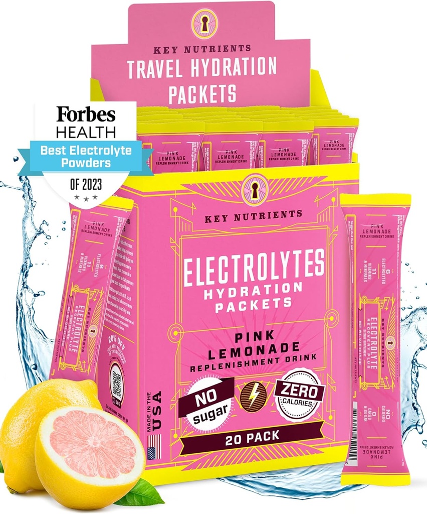 KLJUČNI HRANILCI Elektrolitski paketi v prahu - sveža rožnata limonada 18 Pack Hydration Pack - potovalna hidracija v prahu - Brez sladkorja, brez kalorij, Gluten brezplačno - Made in USA