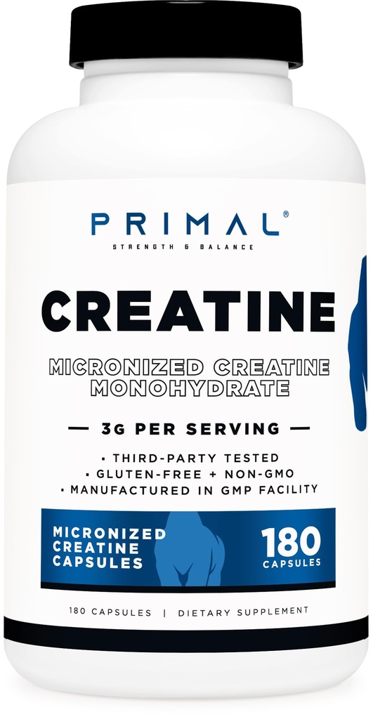 Primarni kreatin monohidrat (3.000 Mg, 180 kapsul) - mikroniziran kreatin dodatek, 750 mg na kapsulo, super za pripravo in obnovitev - Gluten-free, Ne-GMO
