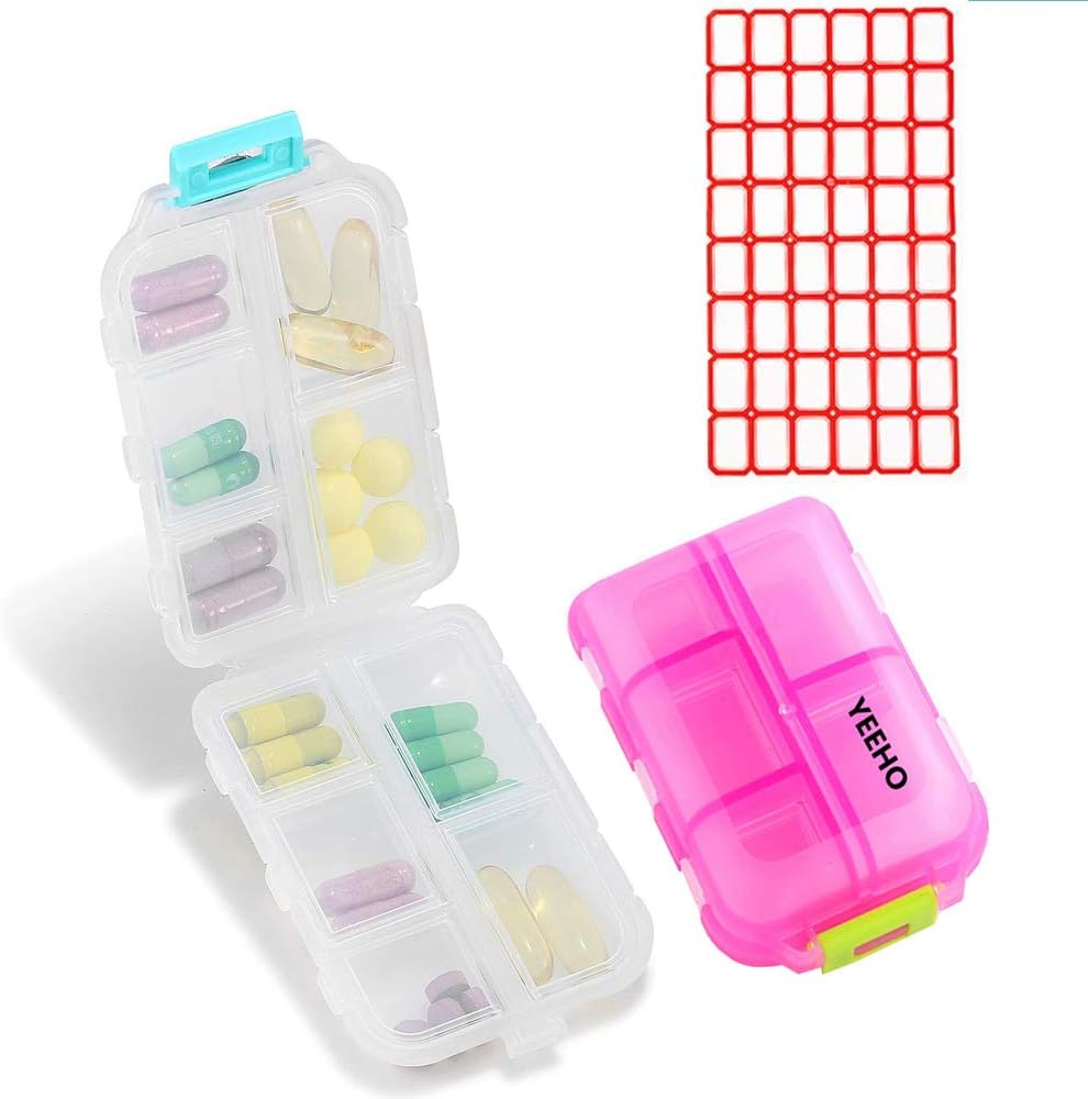 Tableta (2 paket) - Prenosne majhne dodatke Tableta Container Box z 10 Kompartmenti - Medicine Kapsule Vitamin Organizator Dispenser Imetnik Skladišče za potovalno žepno torbico(Pink+White)