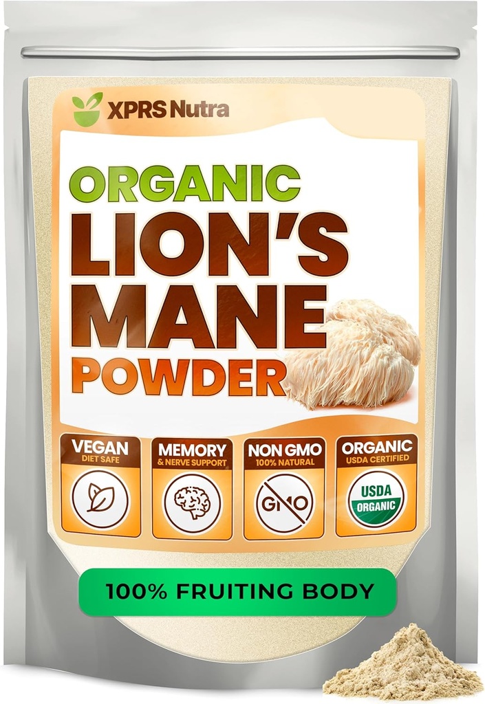 XPRS Nutra Ekološka levja griva v prahu - Premium za mentalno jasnost, kognicijo in imuniteto - Vegansko prijazno (16 oz)