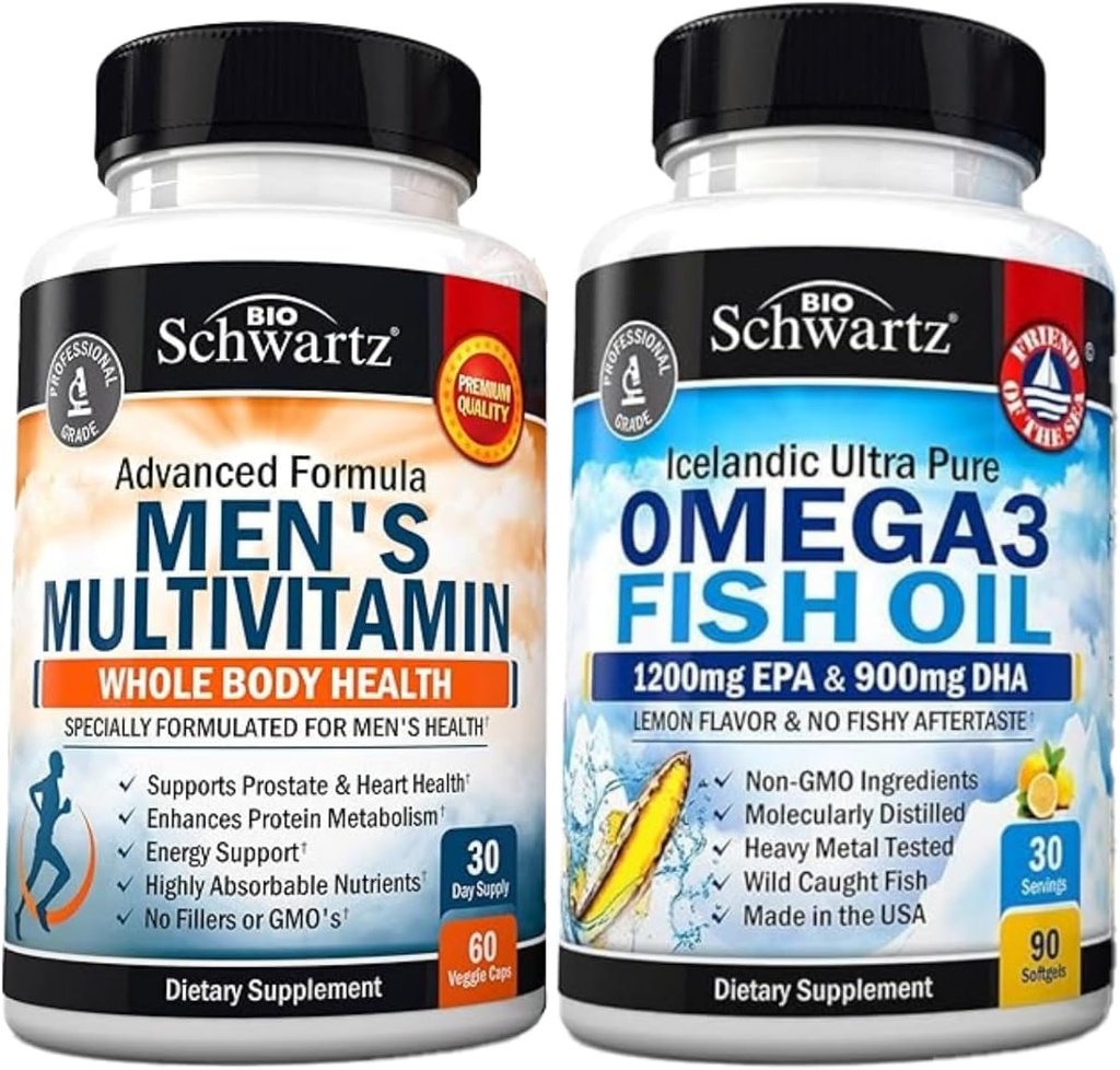 Advanced Daily Men's Multivitamin z vitaminom C A B D3 E in cinkom (1 mesec dobave) Plus Trojna moč Omega 3 Ribje olje Mehčalci (1 mesec dobave)