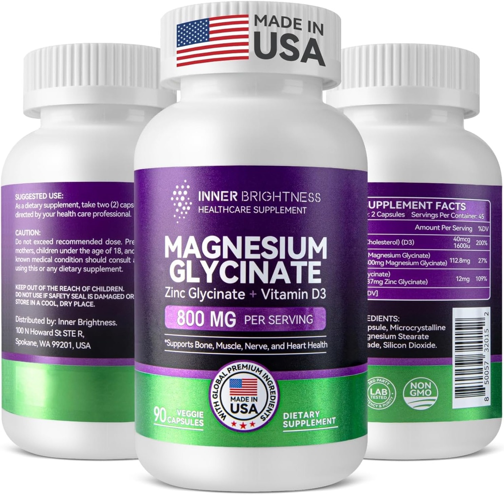 Magnezij Glycinat - Magnezij dodatek z cinkom in vitaminom D3 za imuno, podporo kosti in mišic in zdravje srca - Ne-GMO, Gluten-free, Nežen na želodec - 90 vegetarijanske kapsule