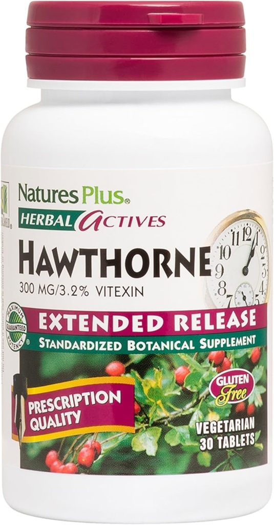 Natures Plus Herbal Actives Hawthorne - 300mg, 3,2% Vitexin, 30 Veganskih tablet - 30 Služabnikov