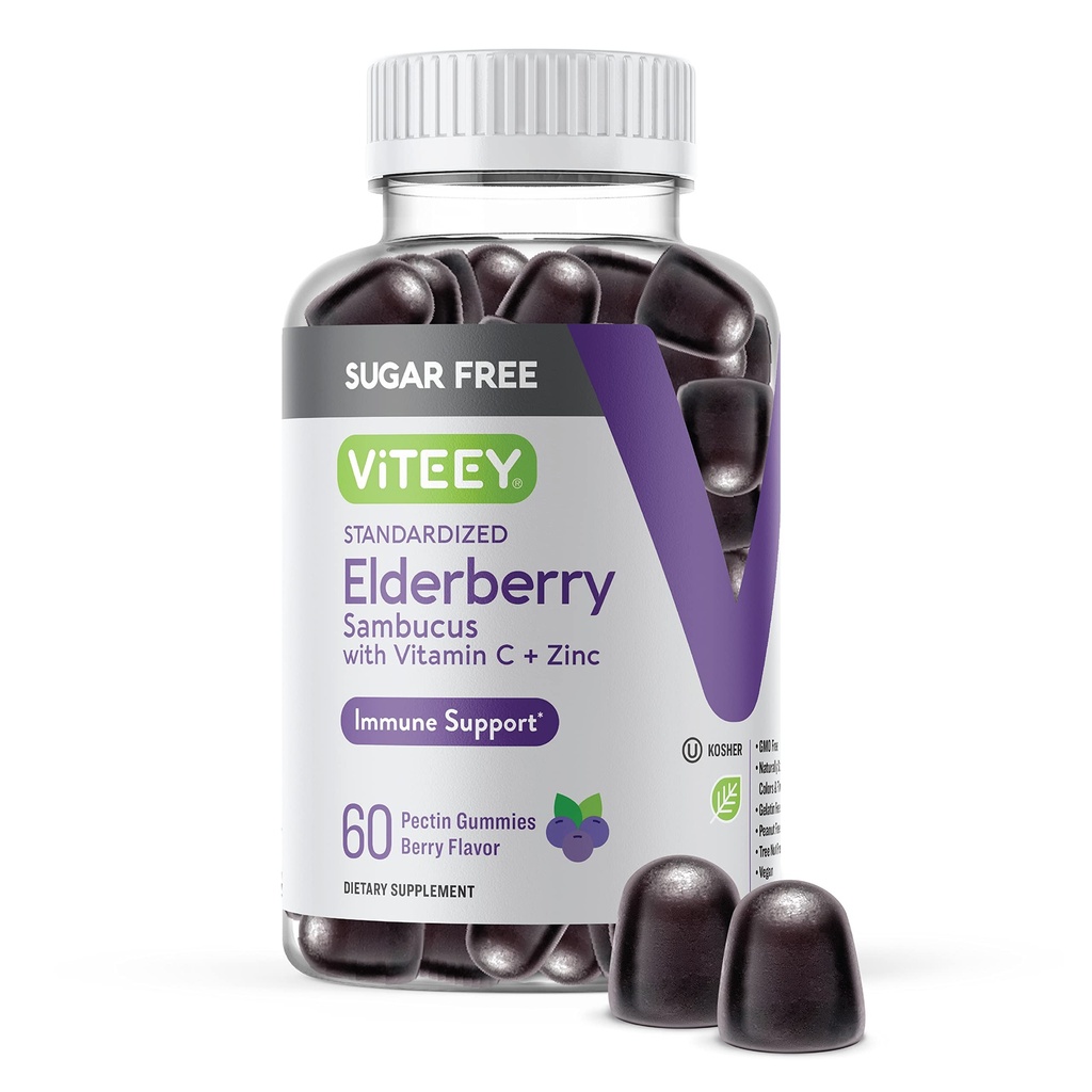 VITEEY Sambucus Elderberry Gumies za odrasle in najstnike + cink in vitamin C - brez sladkorja - Imunska podpora & Booster Zeliščni dodatek - Vegan, Gluten Free, želatina, brez GSO, Žvečljiva jagoda