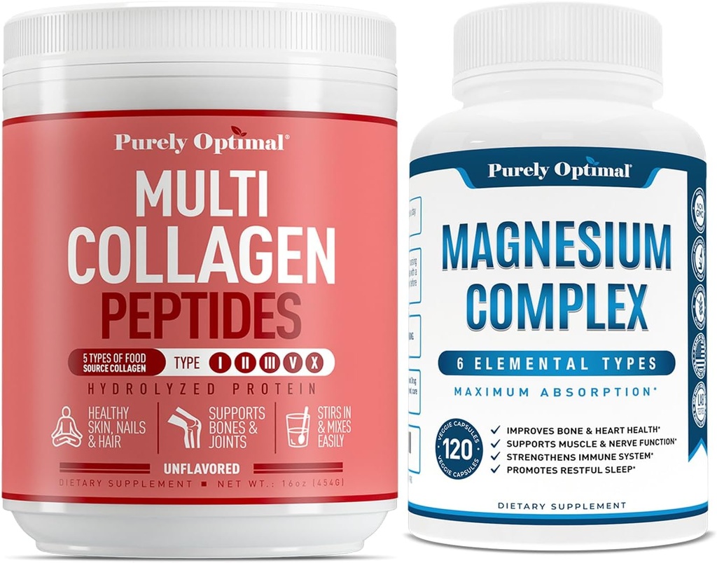 Čisto Optimal Premium Multi Collagen Powder + Premium Magnezijev kompleks - Magnezijev citrat, malat, mišična relaksacija - 120 kapsul