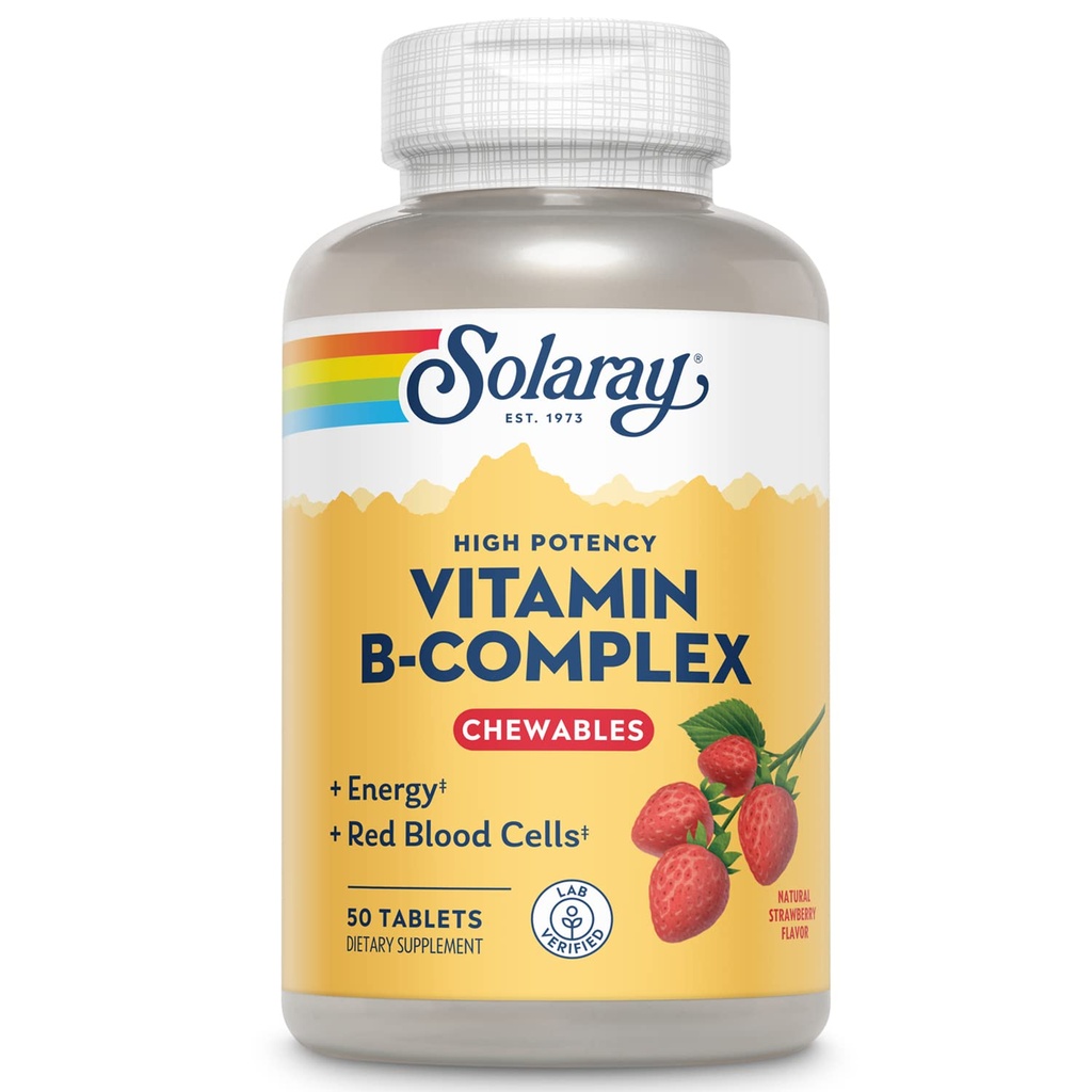 SOLARAY Vitamin B- Complex Žvečilni kamni, Jagoda, Zdrava energija, Rdeče krvne celice, Stres in presnovna podpora, 50 tablet