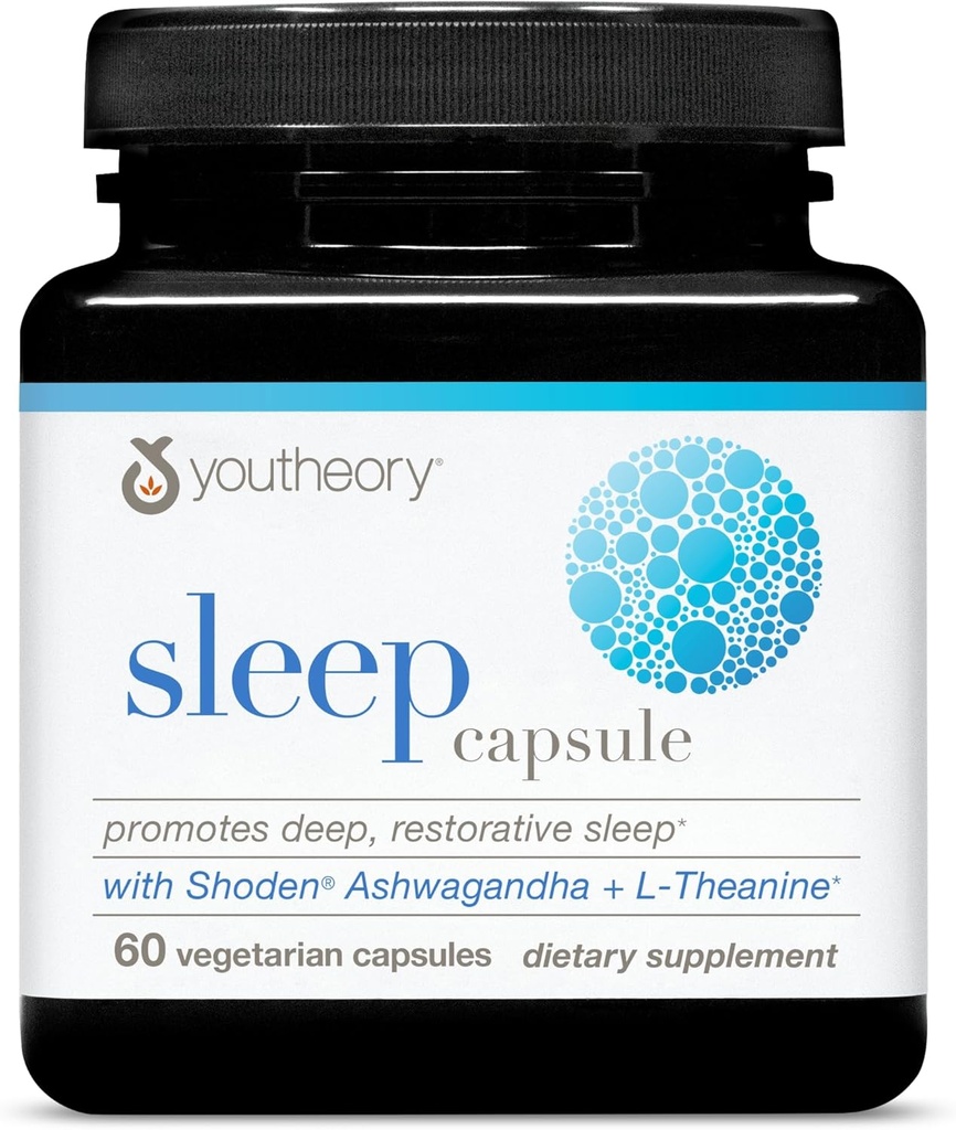 Youtheory Sleep Capsule - Vegan Sleep Support Supplement with Passion Flower, Lemon Balm, L-teanine & Ashwagandha* - 60 Vegetarijanske kapsule