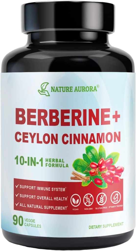 Berberine dodatek s Ceylon Cinnamon & Chromium Pikolinat, 10- v-1 Berberine 1000mg na serviranje, Berberine 5X za presnovo, srce in imunske podpore (90 kapsul)