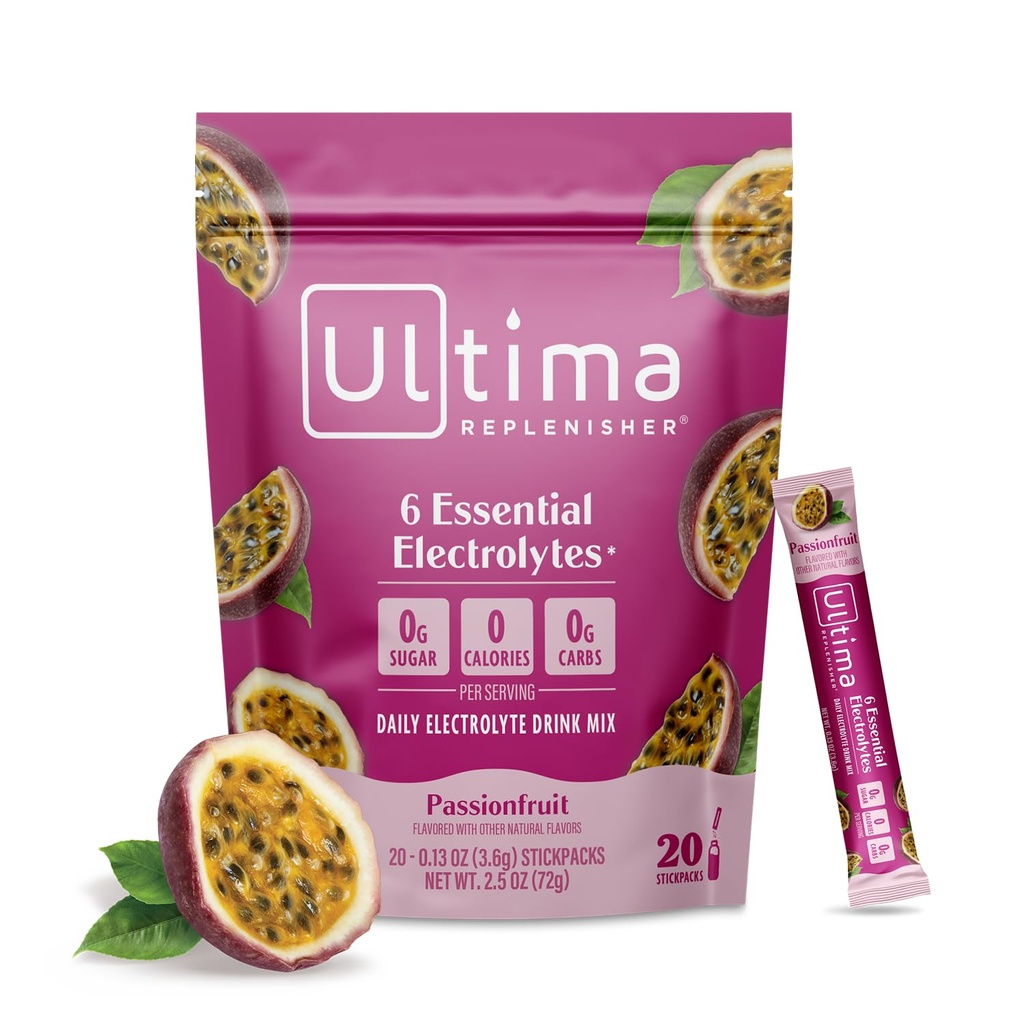 Ultima Replenisher Daily Electrolyte Powder Drink Mix – Sugar Free – Pasijon, 20 Lepila – Hidracijske embalaže s 6 Elektroliti in Trace Minerals – Keto prijazno, Non-GMO