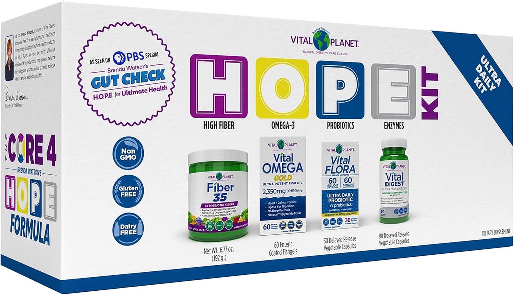 Vital Planet – Gut Preverite Hope Formula Kit by Brenda Watson - 4 Paket izdelkov z Ultra Daily Probiotic 30 Cap, Fiber 35 Powder 6.7oz, Vital Omega Oil 60 Softgels, in Digestive Enzyme 90 Cap