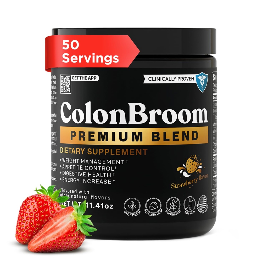 ColonBroom Premium Powder Supplement (Strawberry) - Colon Broom Psyllium Husk Fiber Powder Drink - Gluten brezplačno, ne-GMO čiščenje kolonij za napihnjenost Relief & Gut zdravje, 50 Servinges
