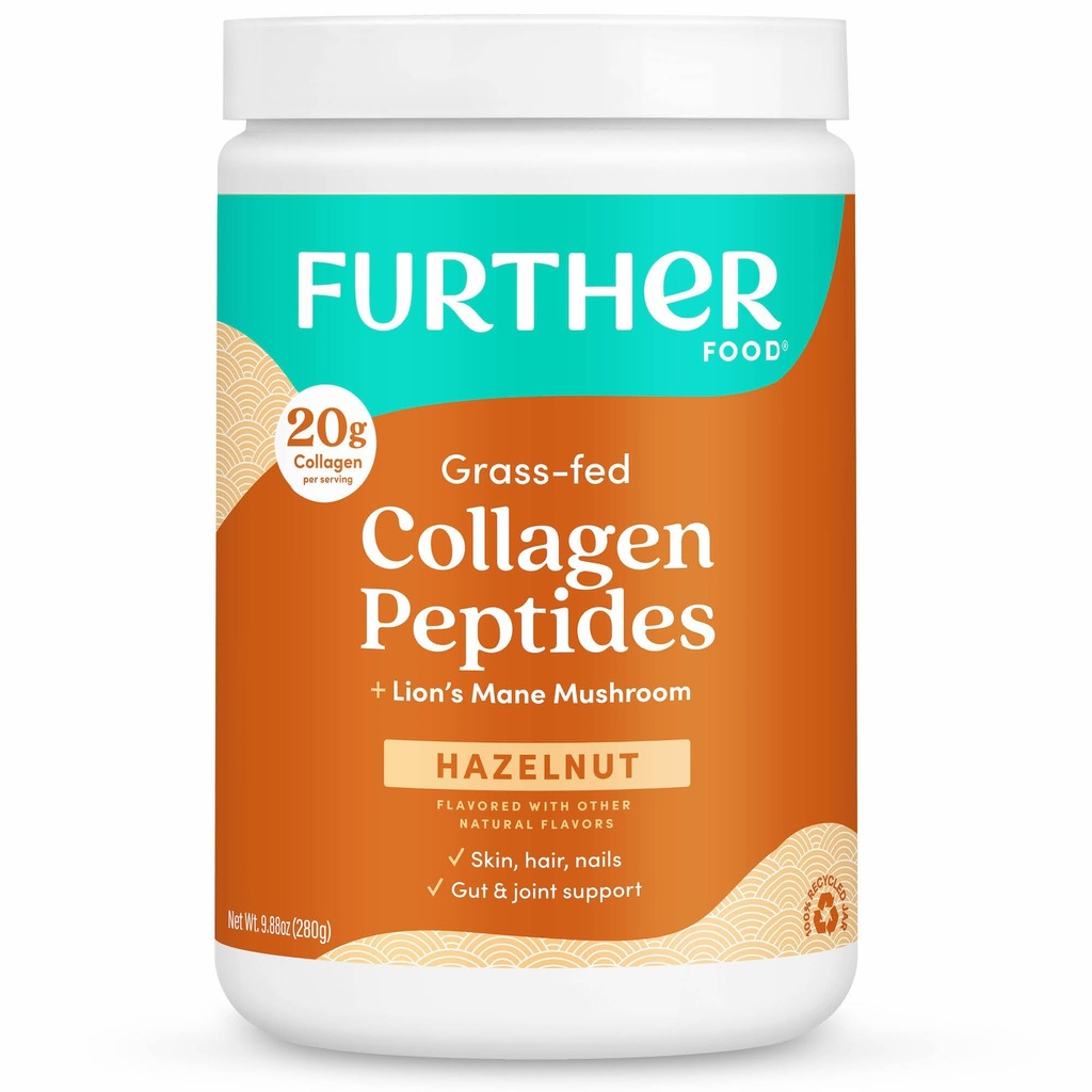 Nadaljnja hrana lešnikov kolagen peptidi v prahu z levjo grivo goba, travnato hranjene hidrolizirane beljakovine tipa 1 in 3, Gut Health + Joint, lasje, koža, nohti, Paleo Keto Sugar- Free 9.88 oz