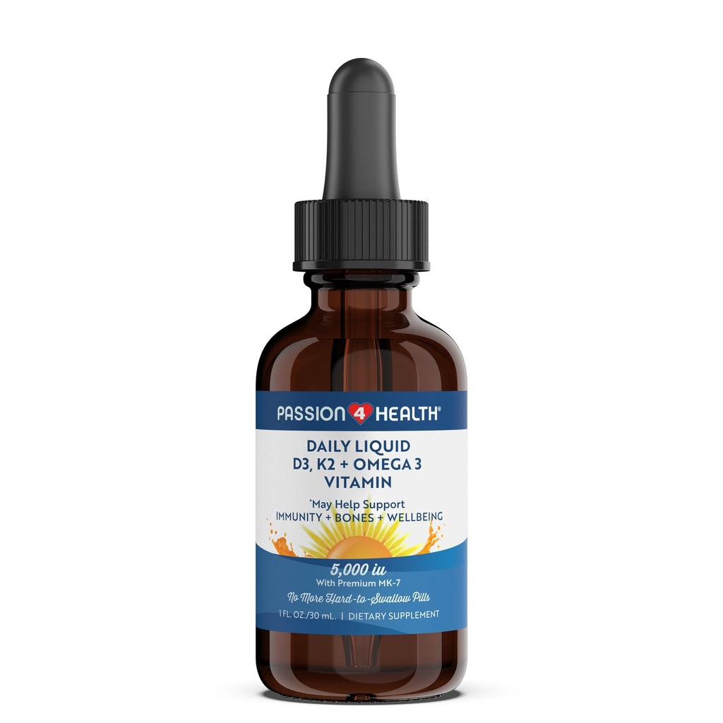 Passion 4 Health Organski tekoči vitamin D3 K2 (Mk-7) + Omega 3 dodatek - Tekoči vitamin D kapljice (5000 i.e.) - Podpora za zdrave kosti in mišice