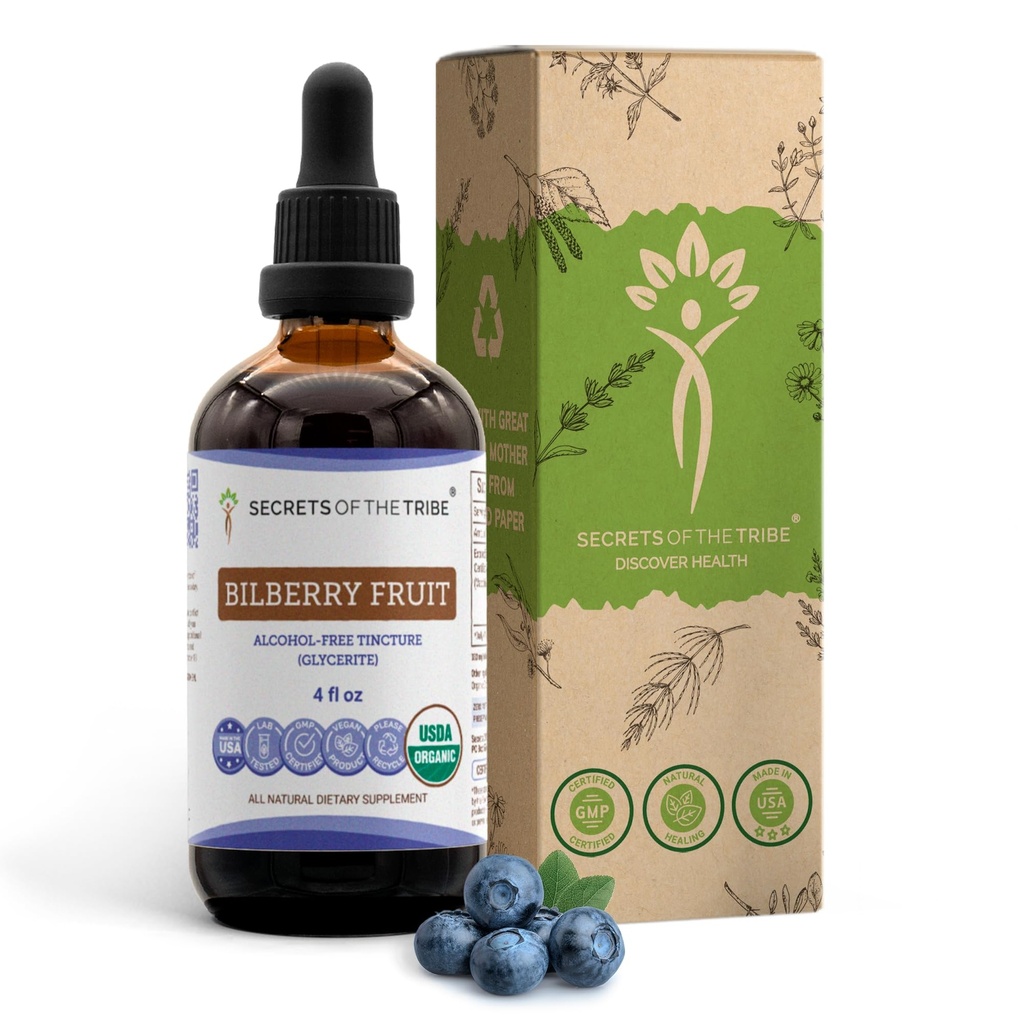 Skrivnosti izvlečka brezalkoholnega sadnega jagodičja, USDA organska borovnica (Vaccinium Myrtillus) Sušena sadna tinktura (4 FL OZ)