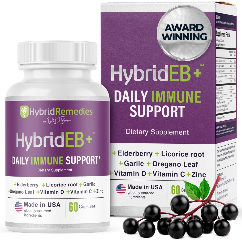 HybrideEB Sambucus Elderberry Imunska podpora z vitaminom C, cinkom, vitaminom D3 - Antioksidant in imuniteta dodatek, 1 mesec nabava - 9 v 1 Črna Starejša malina Otroci in odrasli - 60 kapsul