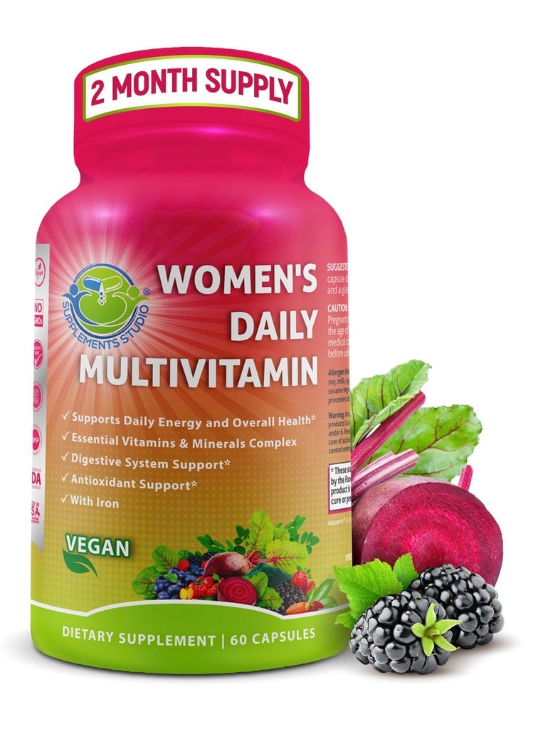 Ženski dnevni multivitamin z železom - veganski metilirani multivitamin za ženske z biotinom, organsko superživilo, probiotiki, B-kompleks - energija, Gut & Optimal Health Support – Kapsule z enostavnim požiranjem