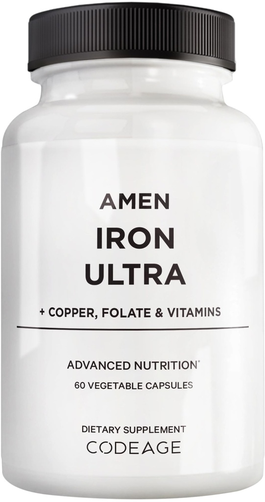 Amen Iron Ultra Supplement + Baker, Folat, Vitamin C in B12-2-Mesec dobave - Železov sulfat železov vitamin - 65mg na serviranje - Folna kislina - tablete ne-GMO - 60 kapsul