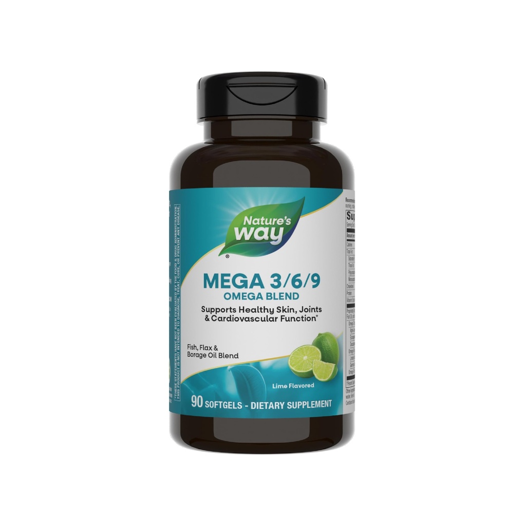 Naravoslovna pot Mega 3/6/9 Omega mešanica, podpira zdravo kožo, sklepe, kardiovaskularno funkcijo*, ribe, lan, borage olje, 90 limete aromirane softgels (Packaging May Vary)