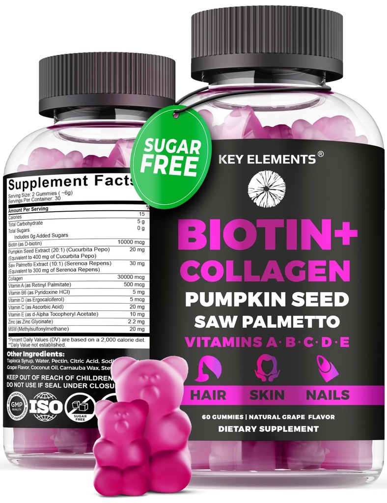 Koža in nohti za lase 10000mcg Gumies & Kolagen Gumies - Biotin Vitamini za rast las Bučno seme olje, žaga Palmetto ekstrakt & vitamini A B6 C D E - Biotin in kolagen dopolnila