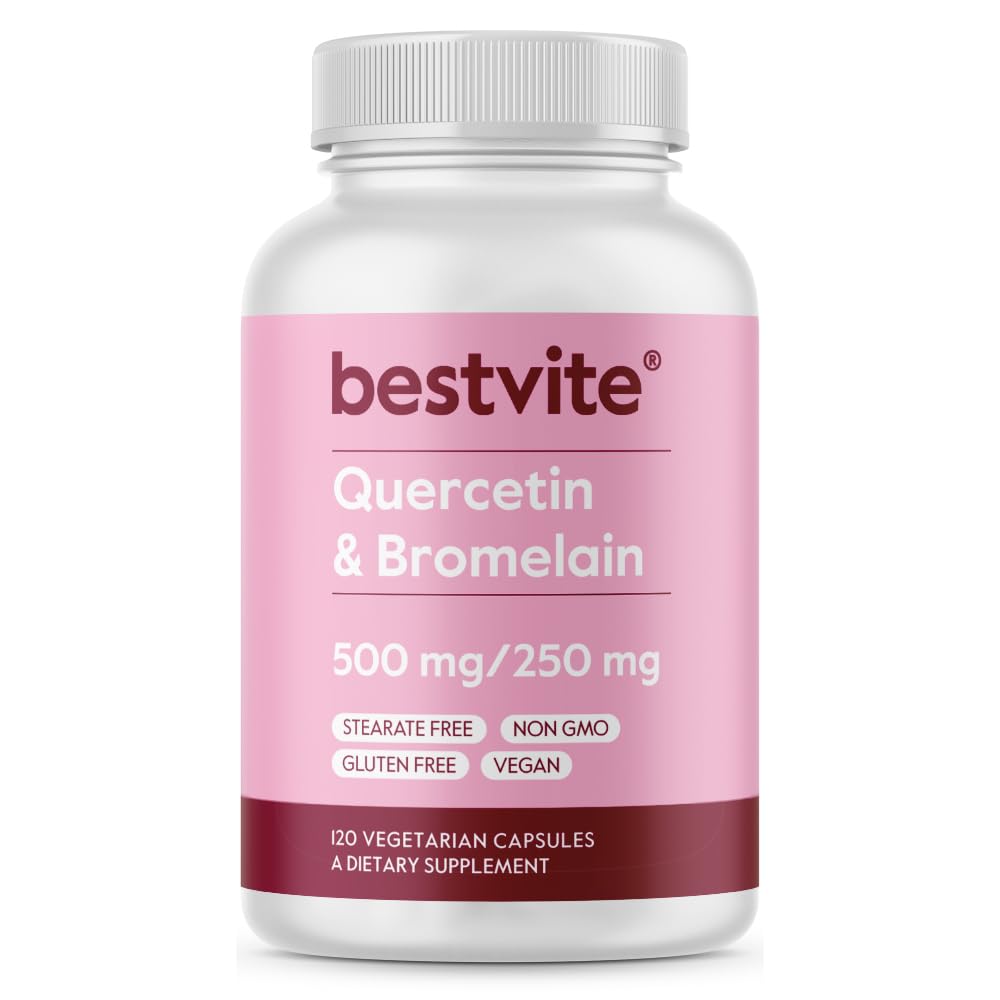 BESTVITE Quercetin z bromelainom 500mg/250mg (120 vegetarijanskih kapsul) - brez stearat - brez silicijevega dioksida - vegan - brez GSO - brez glutena