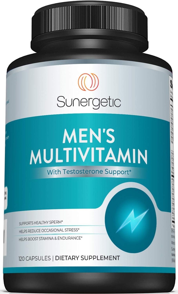 Sunergetic Premium moška podpora – Močni multivitaminski– Podpira energijo, Stamina, vzdržljivost in stres upravljanje – z cinkom, Ashwagandha, Maca, L-karnitin in vitamini – 120 kapsul