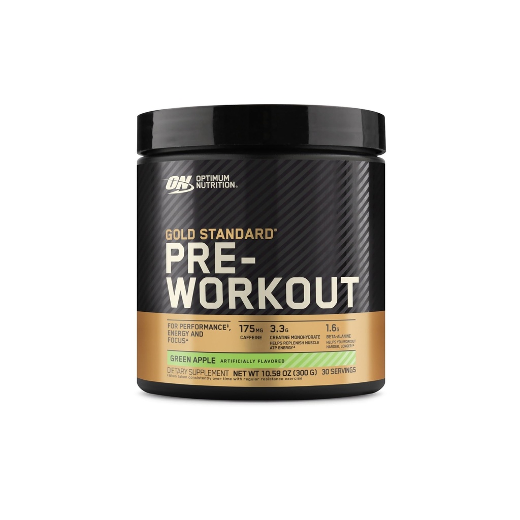 Optimum Nutrition Gold Standard Pred treningom z kreatinom, beta-alaninom in kofeinom za energijo, aromo: zeleno jabolko, 30 strežnic (Packaging May Vary)