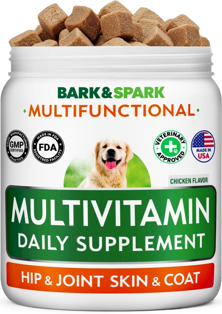 BARK&SPARK Dog Vitamini in dodatki - večvitaminski žvečljivi izdelki za pse - glukozamin Chondroitin za skupno podporo + Omega za kožo in plašč + probiotiki - Multi vitamin za hišne živali zdravje - 120Ct