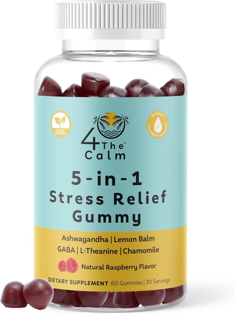 4TheCalm 5in1 Stress Relief Supplement Gummy – GABA, Lemon Balm, L-Theanine, Kamilica, Ashwagandha – Stress Relief Gummies (Naravni Raspberry Flavor, 60 Gummies)