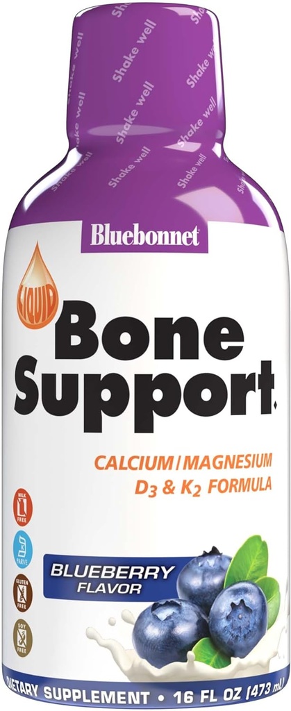Bluebonnet Nutrition Tekoča kost Podpora Kalcijev citrat, Magnezijev citrat, Vitamin D3, K2, za zdravje kosti, Brez GSO, Gluten, Brez soje, mleko, košer, 32 Serving, Borovničeva aroma, 16 Fl Oz (Pack of 1)