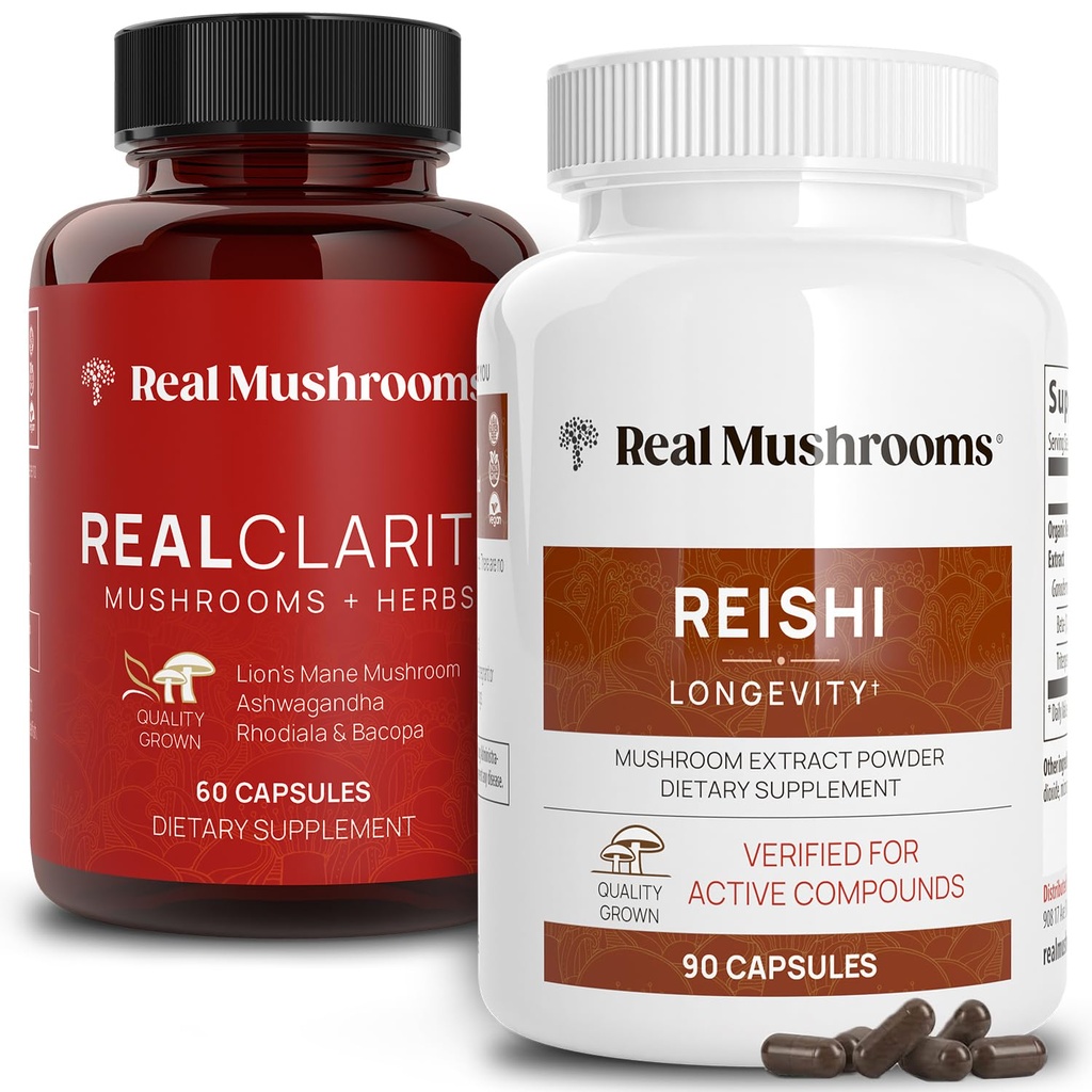 Realne gobe RealClarity (60ct) in Reishi (90ct) Kapsule Bundle - Gobe dopolnilo za duševno jasnost, Fokus, Sprostitev, Spanje & Dolgoživost - Vegan, Non-GMO, Preverjene ravni beta-glukanov